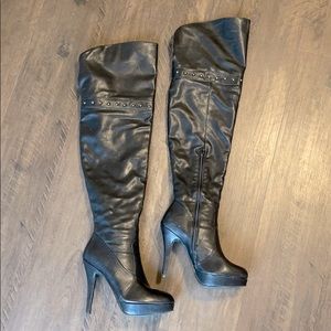Thigh high black faux leather boots